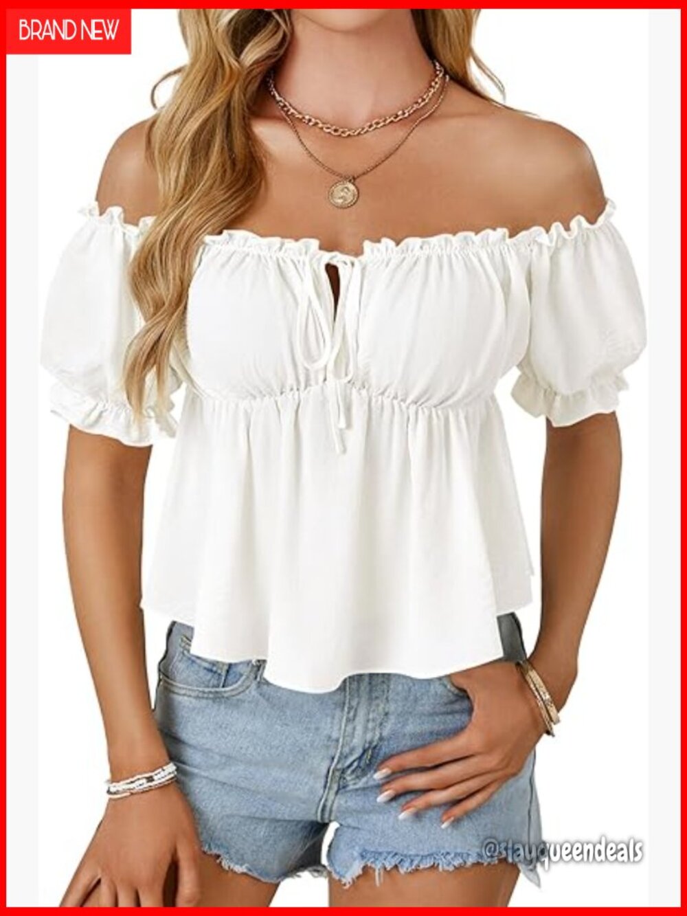 Off Shoulder Puff Short Sleeve Ruffle Trim Babydoll Peplum Blouse Top